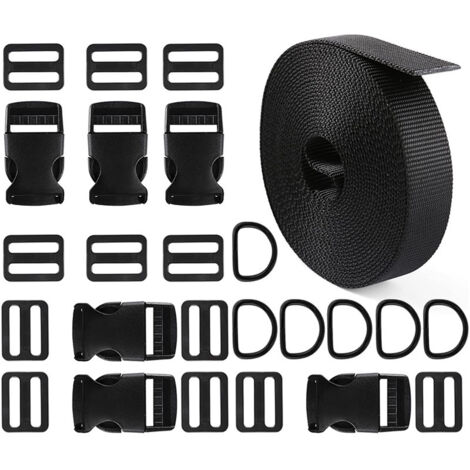 Cinghia in nylon da 5,4 m x 25 mm con 6 paia di fibbie e 12 cursori in plastica a tre vie per sgancio rapido, adatta per zaini, bagagli, tende, marsupi