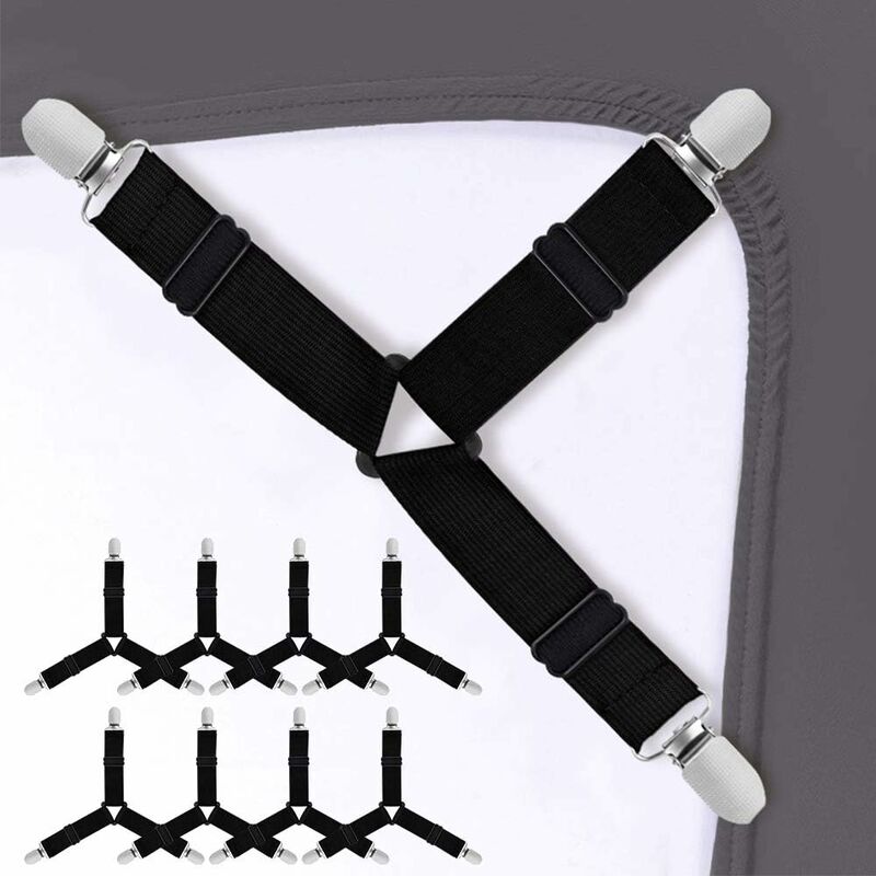 Image of Fortuneville - Cinghie regolabili da 8 pezzi per lenzuolo Cinghie elastiche per lenzuolo triangolare - nere