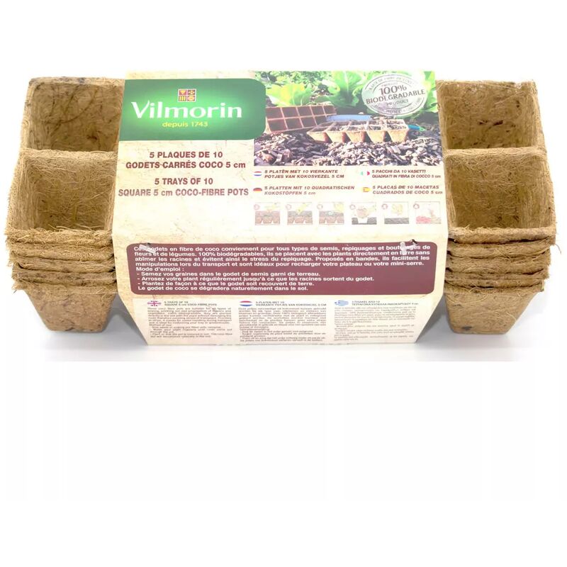 Vilmorin - Cinq plaques de 10 godets coco carrés de 5cm