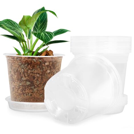 Cinq pots de pépinière transparents de 12,5 cm avec soucoupes et trous de drainage  emballage polyvalent pour l'intérieur et l'extérieur.