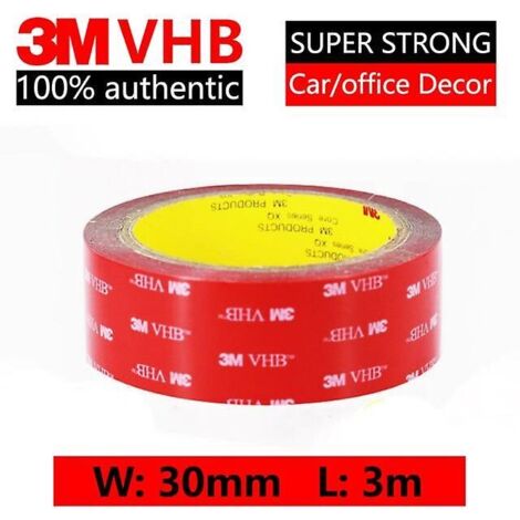 Cinta adhesiva de espuma gris de doble cara VHB superresistente - Alta temperatura - 30 mm x 3 m - Para decoración de coche y hogar - Paquete de 1
