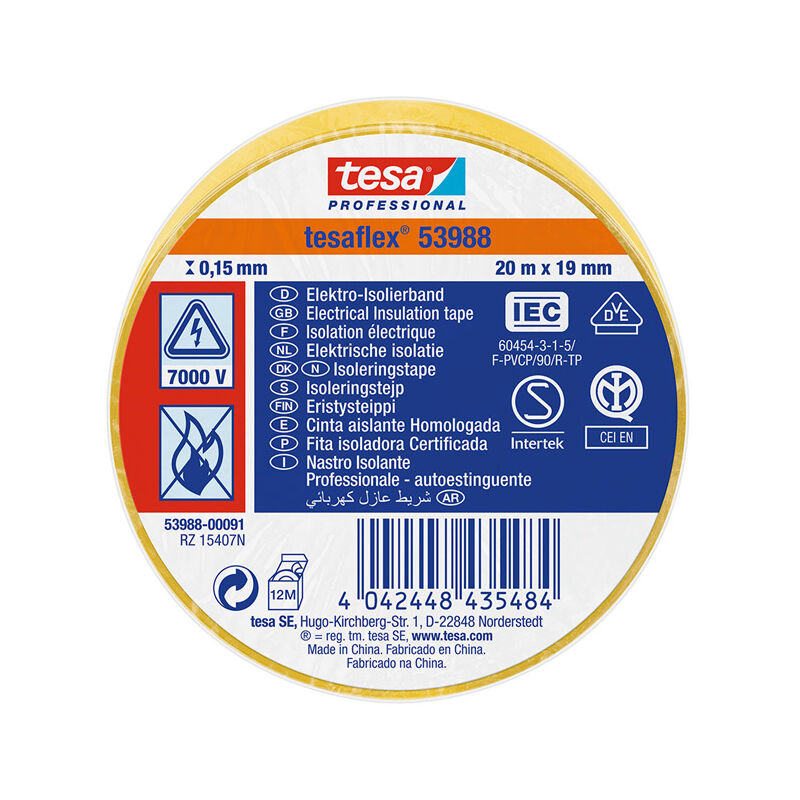 

TESA Cinta aislante homologada amarilla 20m x 19mm 53988 tesa