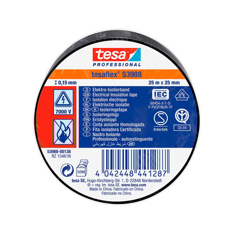 

Cinta aislante homologada 25m x 25mm negro 53988 - Tesa