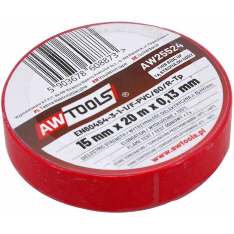 Cinta aislante Awtools 19 mm x 20 m roja, ideal para aislamiento eléctrico, flexible, resistente, fácil de usar, perfecta para reparaciones y trabajos de bricolaje.