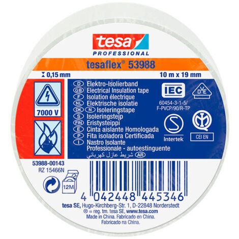 Cinta aislante homologada blanca 10m x 19mm 53988 tesa