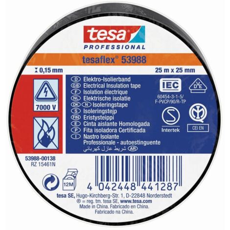 Cinta aislante homologada negra 25m x 25mm 53988 tesa