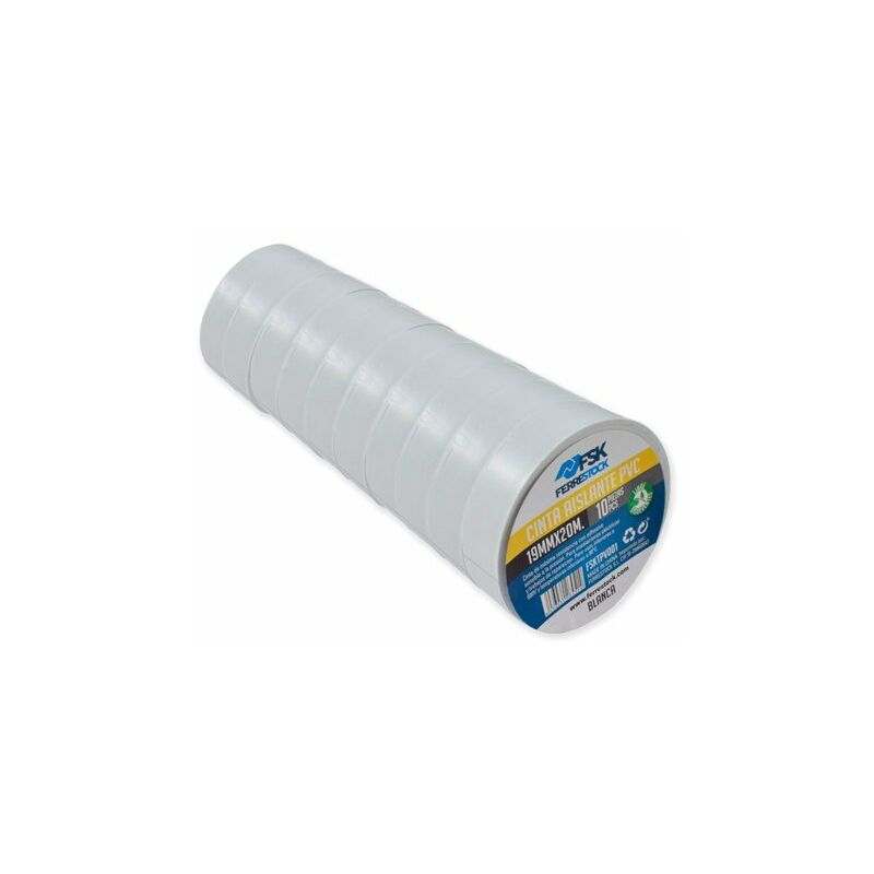 

FSKTPV001 Pack 10 unidades cinta aislante de PVC blanca con adhesivo sensible a la presión, 19mmx20m - Ferrestock