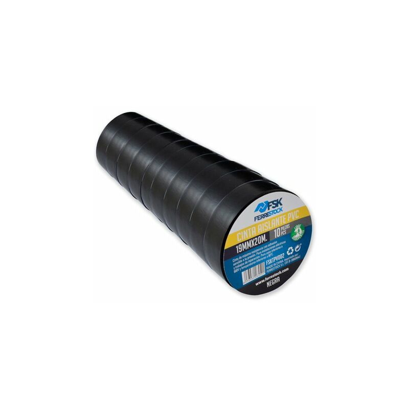 

FSKTPV002 Pack 10 unidades cinta aislante de PVC negra con adhesivo sensible a la presión, 19mmx20m - Ferrestock