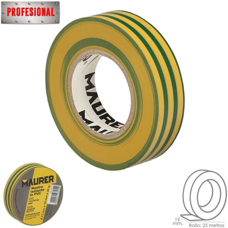 

Cinta aislante, pvc, profesional, 25 metros x 19 mm. x 0,13 mm espesor. color amarillo / verde