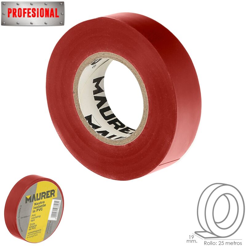 

Cinta aislante, pvc, profesional, 25 metros x 19 mm. x 0,13 mm espesor. color roja.