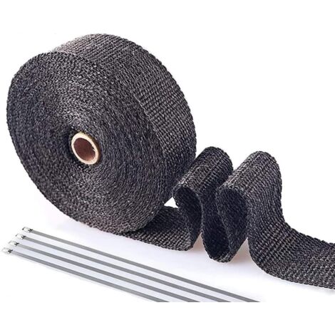 Cinta aislante térmica para escapes PACEWALKER de 2,5 cm x 5 m con 4 fijaciones de acero inoxidable para colectores de escape de motocicletas (negra).