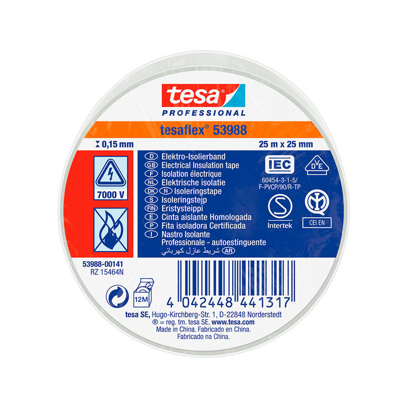 

Cinta aislante homologada 25m x 25mm blanco 53988 - Tesa