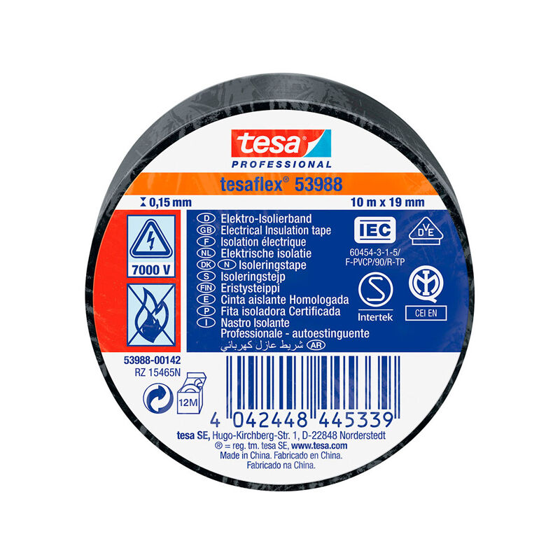 

Cinta aislante homologada negra 10m x 19mm 53988 - Tesa