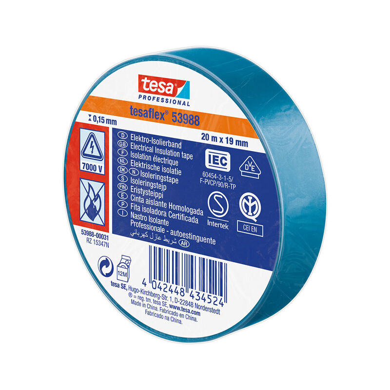

Cinta aislante homologada azul 20m x 19mm 53988 - Tesa