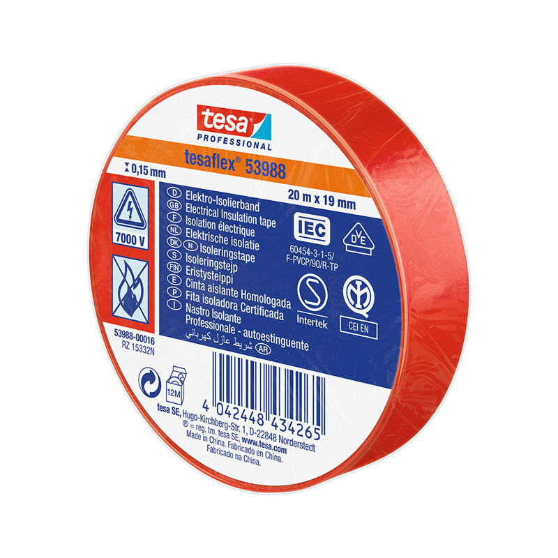 

Cinta aislante homologada roja 20m x 19mm 53988 - Tesa