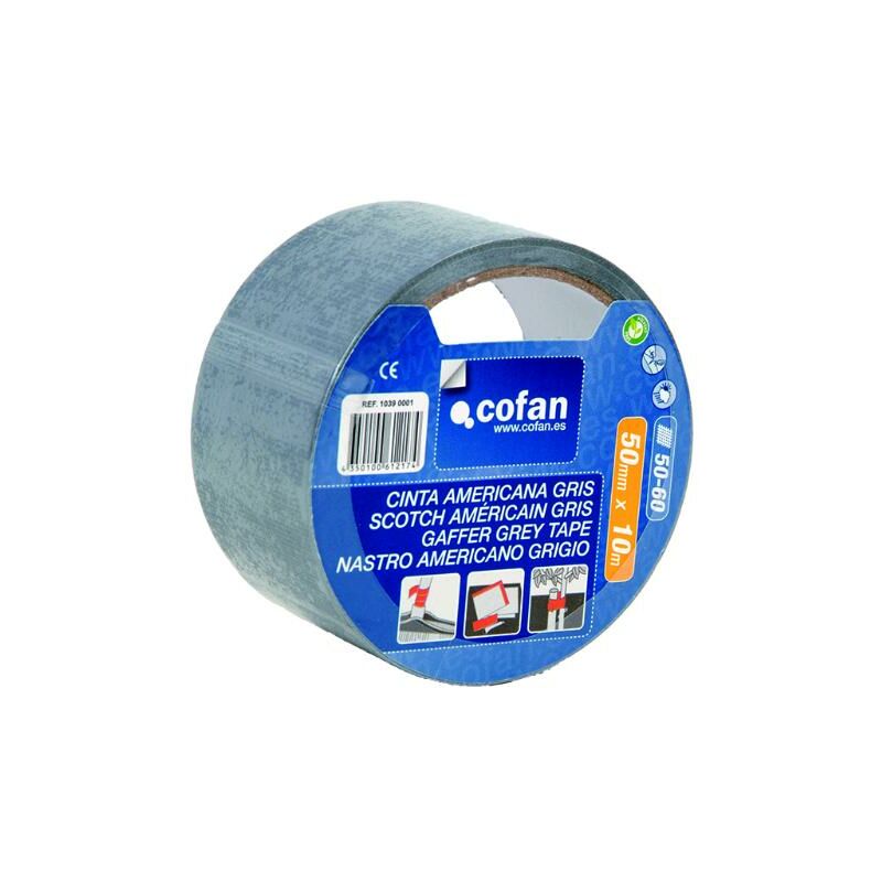 Cofan - cinta americana gris 180 micras 50 mm x 10 m , Cinta americana de color gris plata, autoadhesiva y reforzada con malla de fibra recubierta de