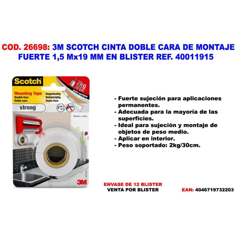 

3m scotch cinta doble cara de montaje fuerte 1.5mx19mm 40011915 - Mibricotienda