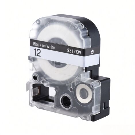 Cinta de etiquetas negra sobre fondo blanco de 12 mm x 8 m, compatible con las impresoras de etiquetas Epson Kingjim LW400/LW600/SR230C/SR230CH/SR530C/SR550C.