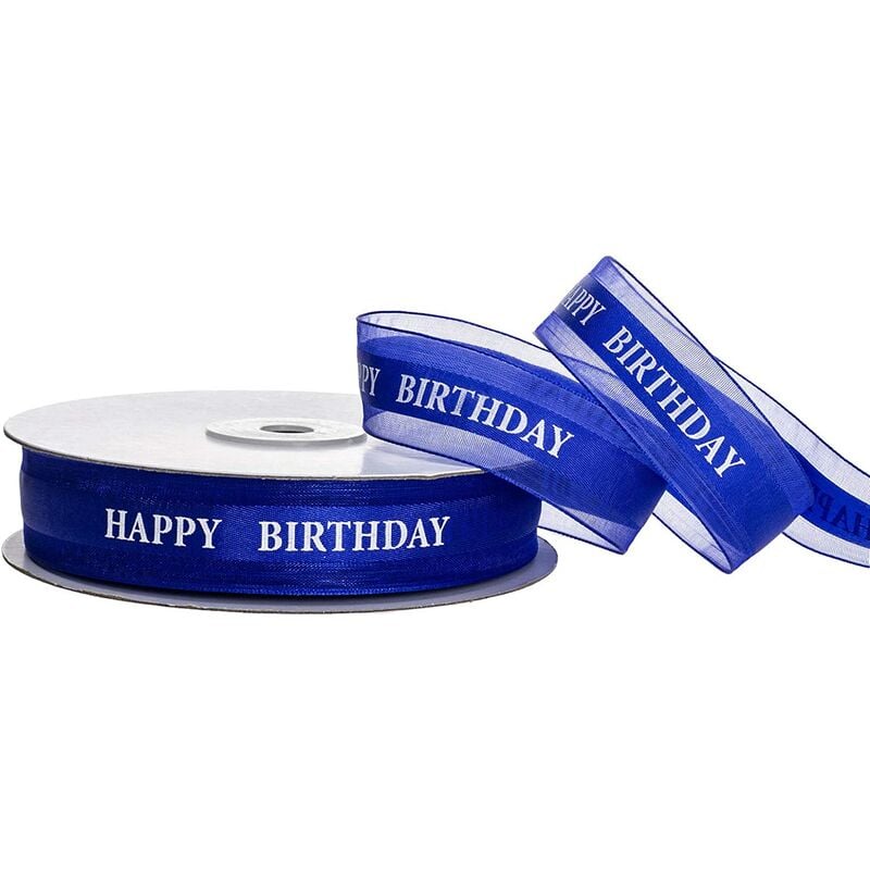 

Cinta de feliz cumpleaños, cinta de satén con borde de organza para envolver regalos (azul)