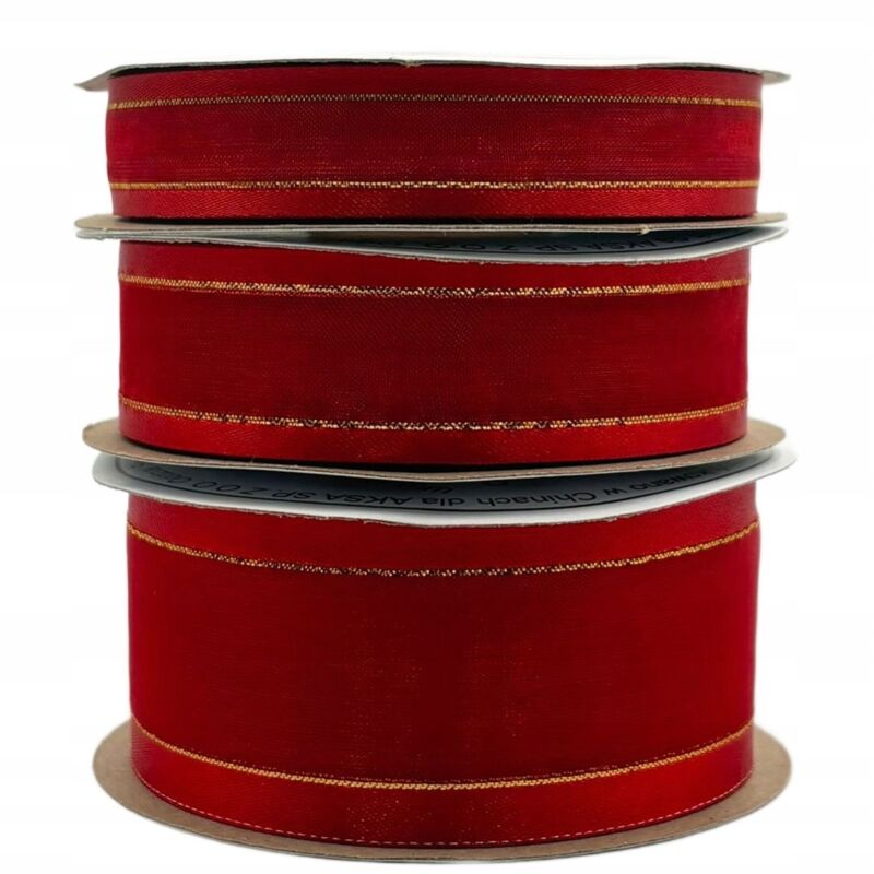 Cinta de gasa roja dorada, rollo de hilo de 38 mm y 22 m para decoración