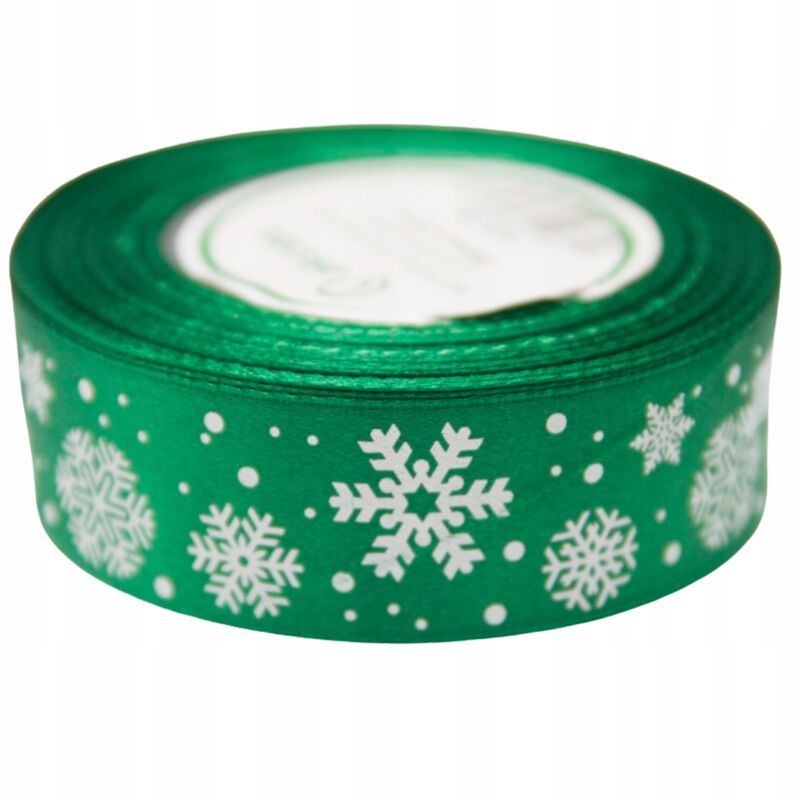 Cinta de raso verde con copos de nieve 25 mm