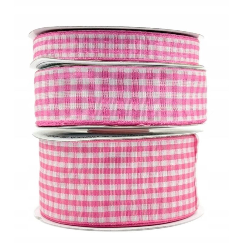 Cinta de satén a cuadros rosa, rollo de 38 mm y 22 m para decoración