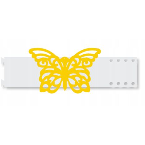 Cinta decorativa para cortinas con anillas de plumas y estampado de mariposas amarillas.