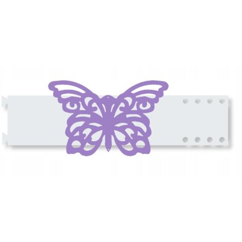 Cinta decorativa para cortinas con anillas de plumas y estampado de mariposas moradas.