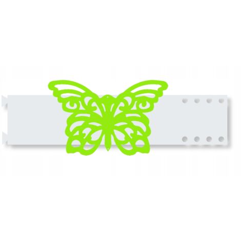 Cinta decorativa para cortinas con anillas de plumas y estampado de mariposas verdes.