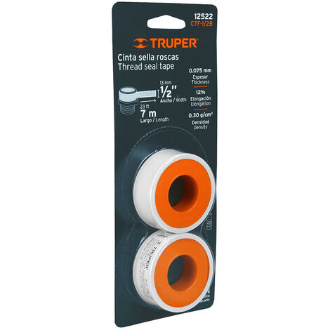 Cintas teflón - 13 mm - 7 m - Blanco - 2 rollos