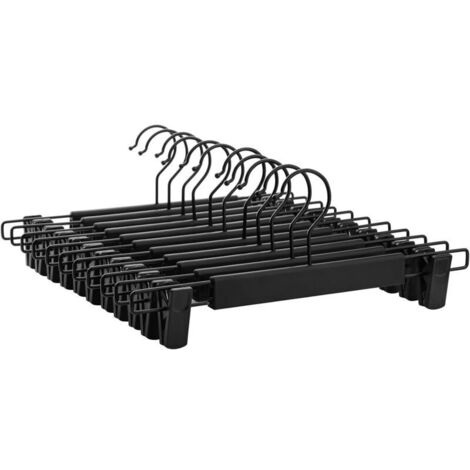 Cintre à pantalons, lot de 12, cintre à vêtements, grande capacité de charge, avec pinces, cintre à jupes en plastique de haute qualité, gain de place, crochet rotatif à 360°, 29 cm de long, noir