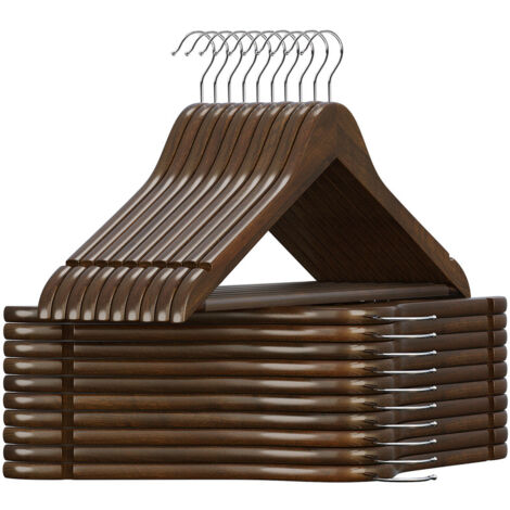 Cintre Bois, Lot de 20, avec Encoches Antiglisse, Barre Antiglisse pour Pantalons, Crochet Pivotant 360°, pour Costumes, Chemises, Manteaux, Brou de Noix et Argent