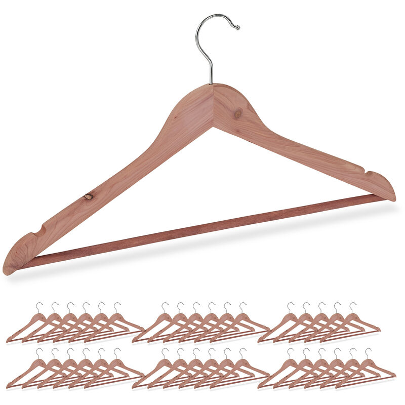 Cintre en bois de cèdre, lot de 36, traverse pantalon, encoches, élégant, anti mites, L:44 cm, nature