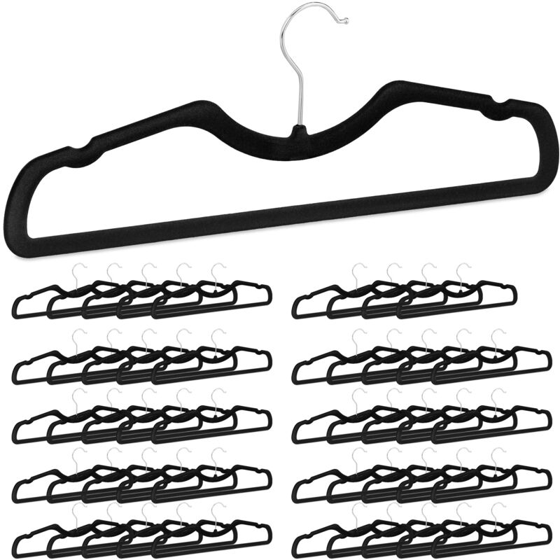 Cintre en velours set 50, cintre à costume traverse pantalon, antidérapant, encoche, crochet, noir - Relaxdays