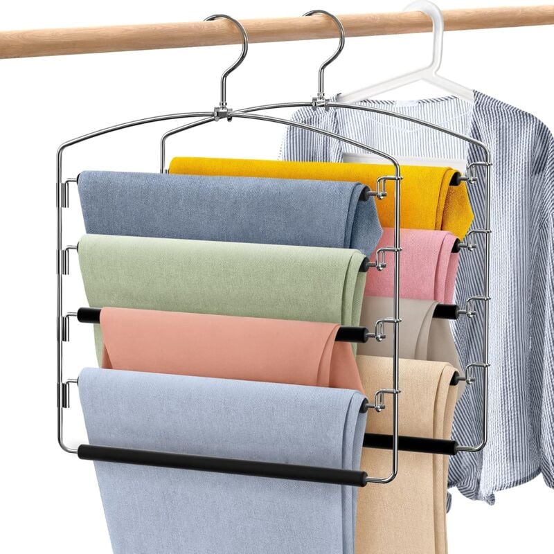Cintre Pantalon à 5 Couches, 2 pcs Métal Cintre Gain de Place, Porte-Pantalons avec Crochet Rotatif à 360° et Tige Amovible pour Vêtements,