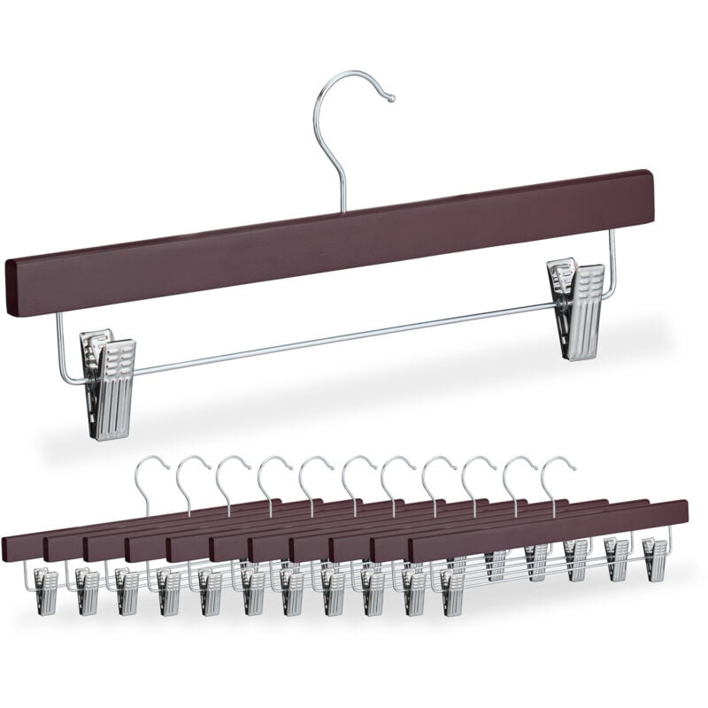 Cintres à pantalon, lot de 12, 2 pinces chacun, pantalons et jupes, HxLxP : 15,5x36x3 cm, bois et fer, marron - Relaxdays