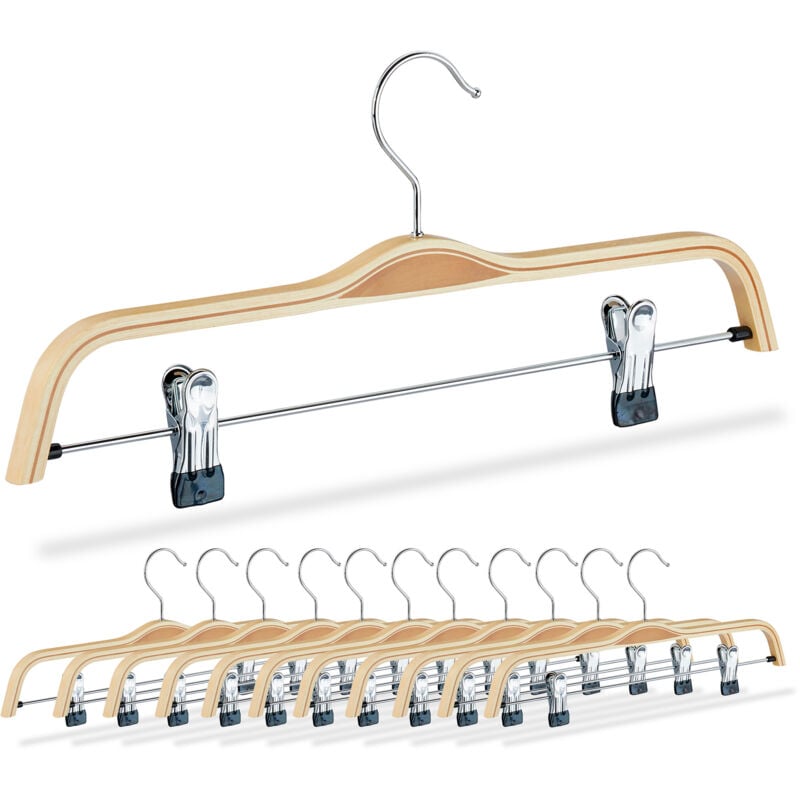 Relaxdays Cintres à pantalon, lot de 12, pinces flexibles, pour pantalons et jupes, 37,5 cm, bois, métal, nature/argenté