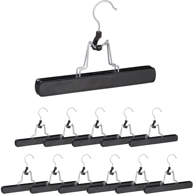 Cintre pince à pantalons bois, lot de 24, jupe pantalon, crochet 360°, feutre HxlxP: 17 x 25 x 2,3 cm, noir