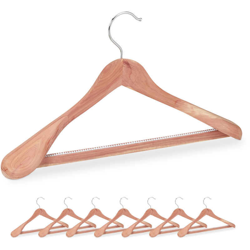 Cintres à costumes, lot de 8, bois de cèdre, antimite, pour armoire, épaules larges, barre à pantalon, nature - Relaxdays