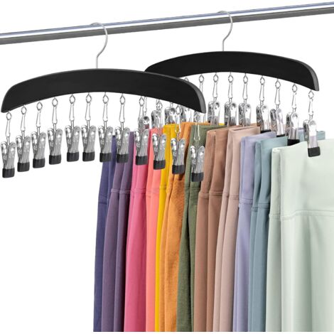 Cintre Pour Leggings - Barre En Bois Naturel - 24 Pinces En Métal Recouvertes De Caoutchouc - Crochet Pivotant 360° - Noir - 2 Pièces