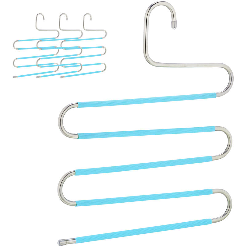 Relaxdays Cintre pour pantalon, lot de 4, forme un S, 5 barres, antidérapant, peu encombrant, argenté et bleu clair