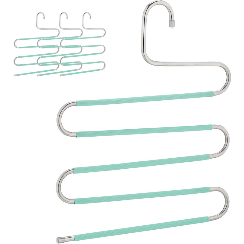 Relaxdays Cintre pour pantalon, lot de 4, forme un S, 5 barres, antidérapant, peu encombrant, argenté et vert