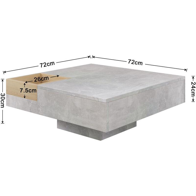 Table basse table d'appoint de salon avec boîte de rangement amovible, gris béton et couleur bois, 72x72x30 cm. l&h