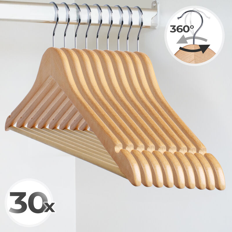 cintres en bois - lot de 30, crochet pivotant à 360°, longueur 44,5 cm, avec barre antiglisse et encoches, pour adultes - porte-manteau pour