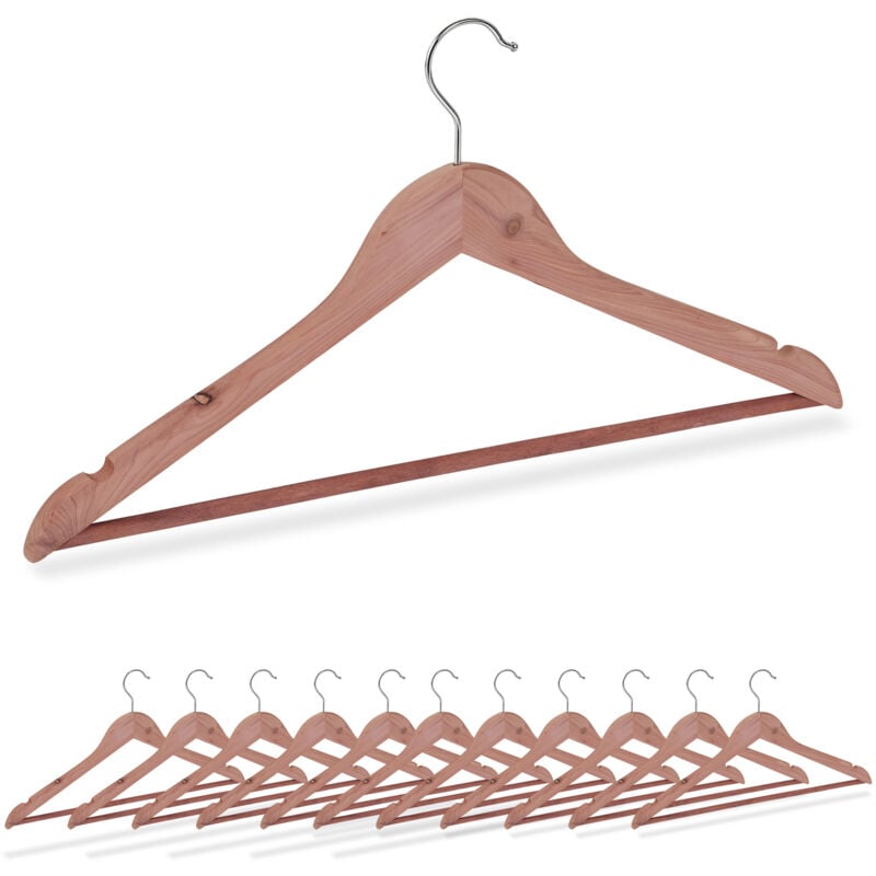 Cintres en bois de cèdre, lot de 12, protection anti-mites pour penderie, barre à pantalon, nature - Relaxdays