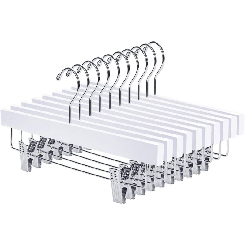 Cintres en bois pour pantalons et jupes en bois, avec clips, crochet antirouille, lot de 10 (blanc)