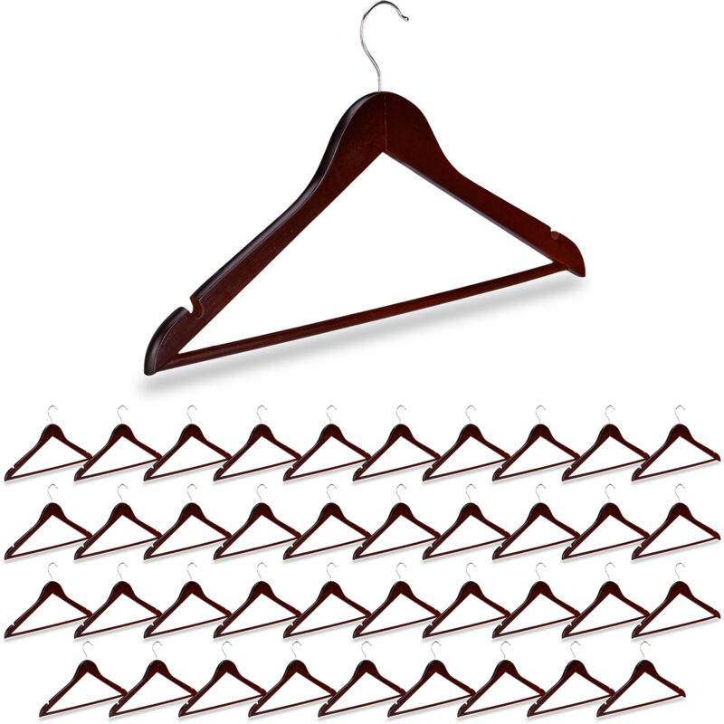 Cintres, lot de 40, chemises, barres pour pantalons & jupes, crochet 360°, en bois, marron - Relaxdays