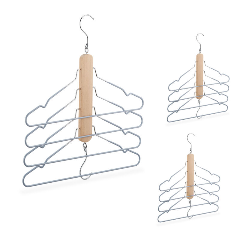 Cintre multiple, lot de 3, avec barre à pantalon, 4 cintres chacun, bois et métal, antidérapant, nature/gris - Relaxdays