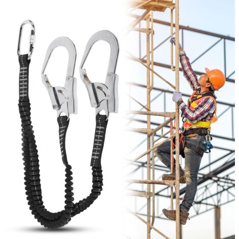 Cintura di sicurezza con gancio elastico da 80-140 cm/31,5-55,1 pollici, doppio gancio in acciaio grande da 25 KN, cordino di sicurezza con ammortizzatore, protezione anticaduta per esterni