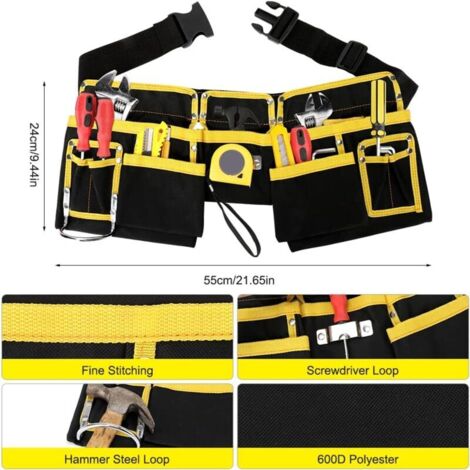 Cintura portautensili con 11 tasche, regolabile da 76 cm a 114 cm.